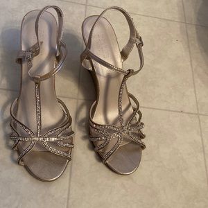 David’s Bridal champagne crystal embellished wedge sandal. Size 10.